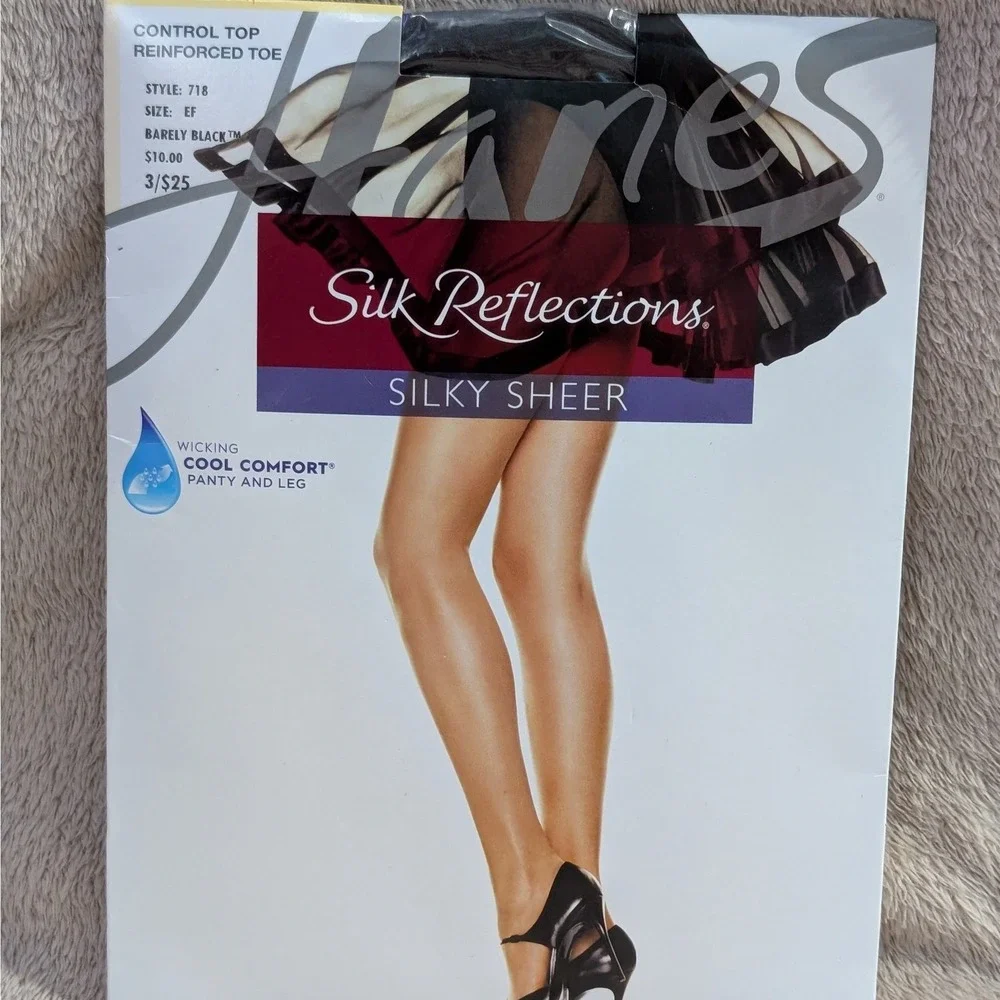 Hanes Silk Reflections Silky Sheer Pantyhose EF Barely Black Control Top 718 NIP